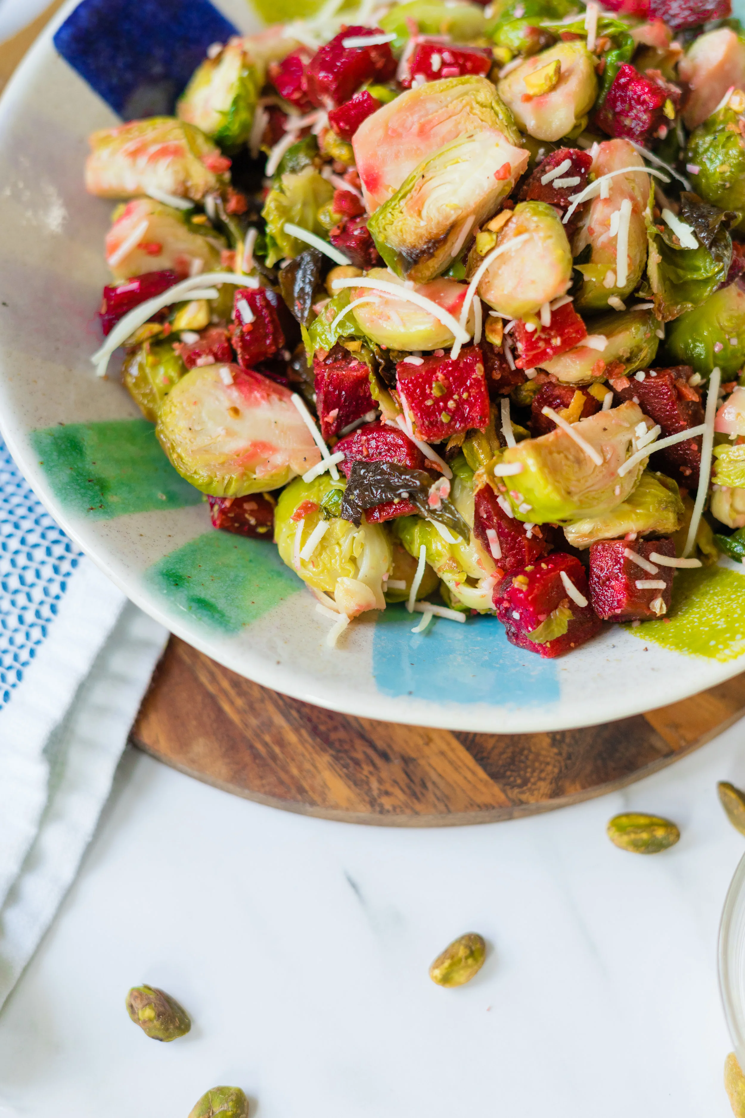 brussels sprouts, brussels sprout salad, recipe using brussels sprouts, how to cook brussels sprouts, vegan salad, vegan bacon, vegan bacon recipes, pistachios, summer salad recipe, vegan summer salad recipe, roasted vegetable salad, roasted vegetable salad recipe, vegan recipes, i am rorie, i am rorie vegan, recipe using pistachios, how to cook beets, easy vegan summer recipe, vegan parmesan, food photography