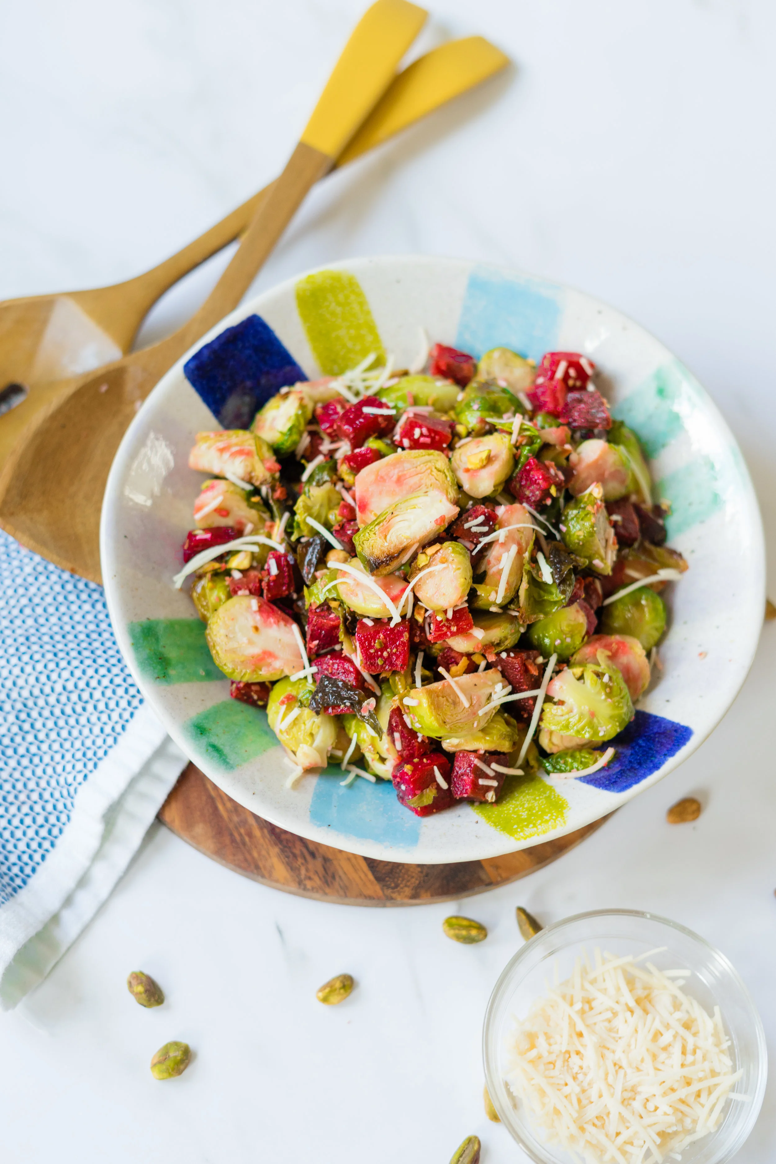 brussels sprouts, brussels sprout salad, recipe using brussels sprouts, how to cook brussels sprouts, vegan salad, vegan bacon, vegan bacon recipes, pistachios, summer salad recipe, vegan summer salad recipe, roasted vegetable salad, roasted vegetable salad recipe, vegan recipes, i am rorie, i am rorie vegan, recipe using pistachios, how to cook beets, easy vegan summer recipe, vegan parmesan, food photography