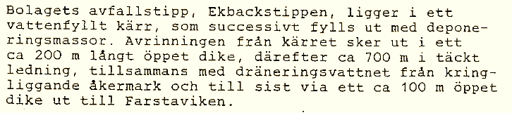 Länsstyrelsens beskrivning av tippen i tillståndet från 1986. Det 200 meter långa diket i början har ersatts av en täckt ledning. Det 100 meter långa diket till Farstaviken finns kvar.