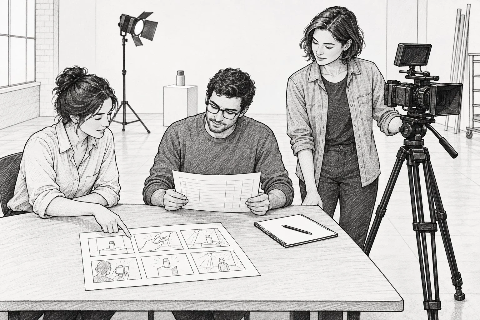 Black-and-white storyboard drawing of three people reviewing storyboards and a schedule at a studio table beside a tripod-mounted camera.