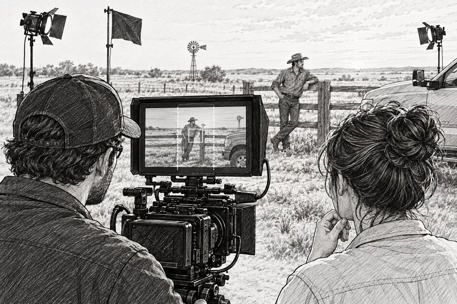 Black-and-white storyboard drawing of a cinematographer and director at an outdoor ranch shoot watching a field monitor that shows vertical and square framing guides over a wide shot of a man leaning on a fence beside a pickup truck.