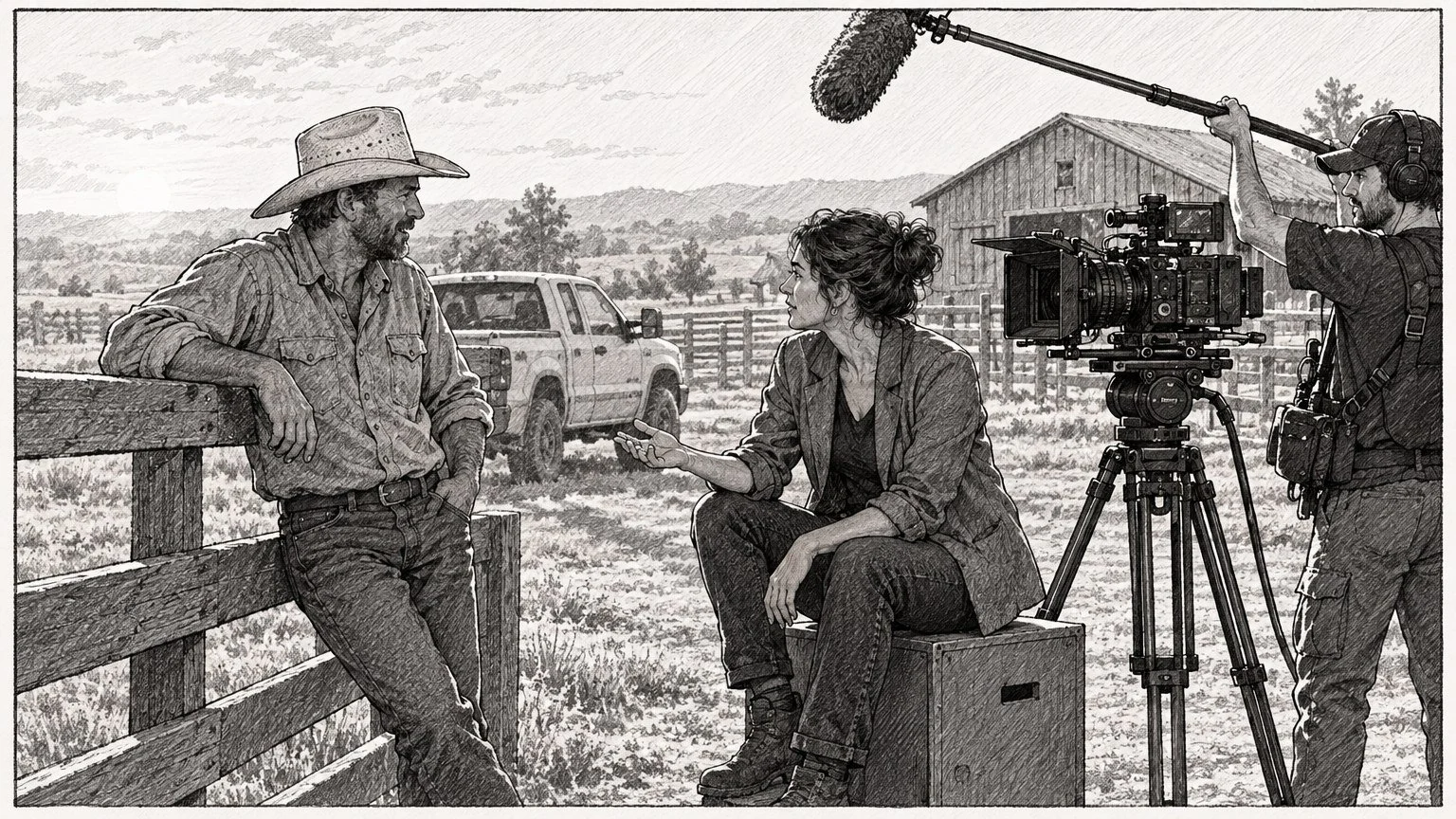 Black-and-white storyboard drawing: a rancher in a cowboy hat leans on a fence talking with a director on an apple box beside a cinema camera, as a boom operator holds a mic overhead; a pickup and barn behind them