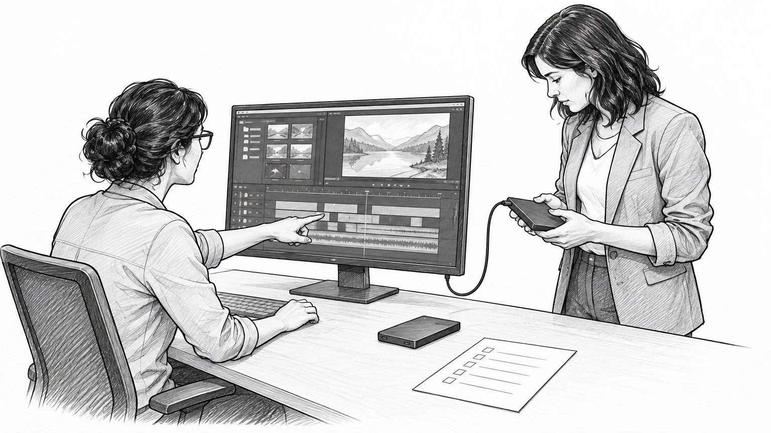 Black-and-white storyboard drawing: an editor points at an editing timeline while a marketing director examines an external drive beside a desk.