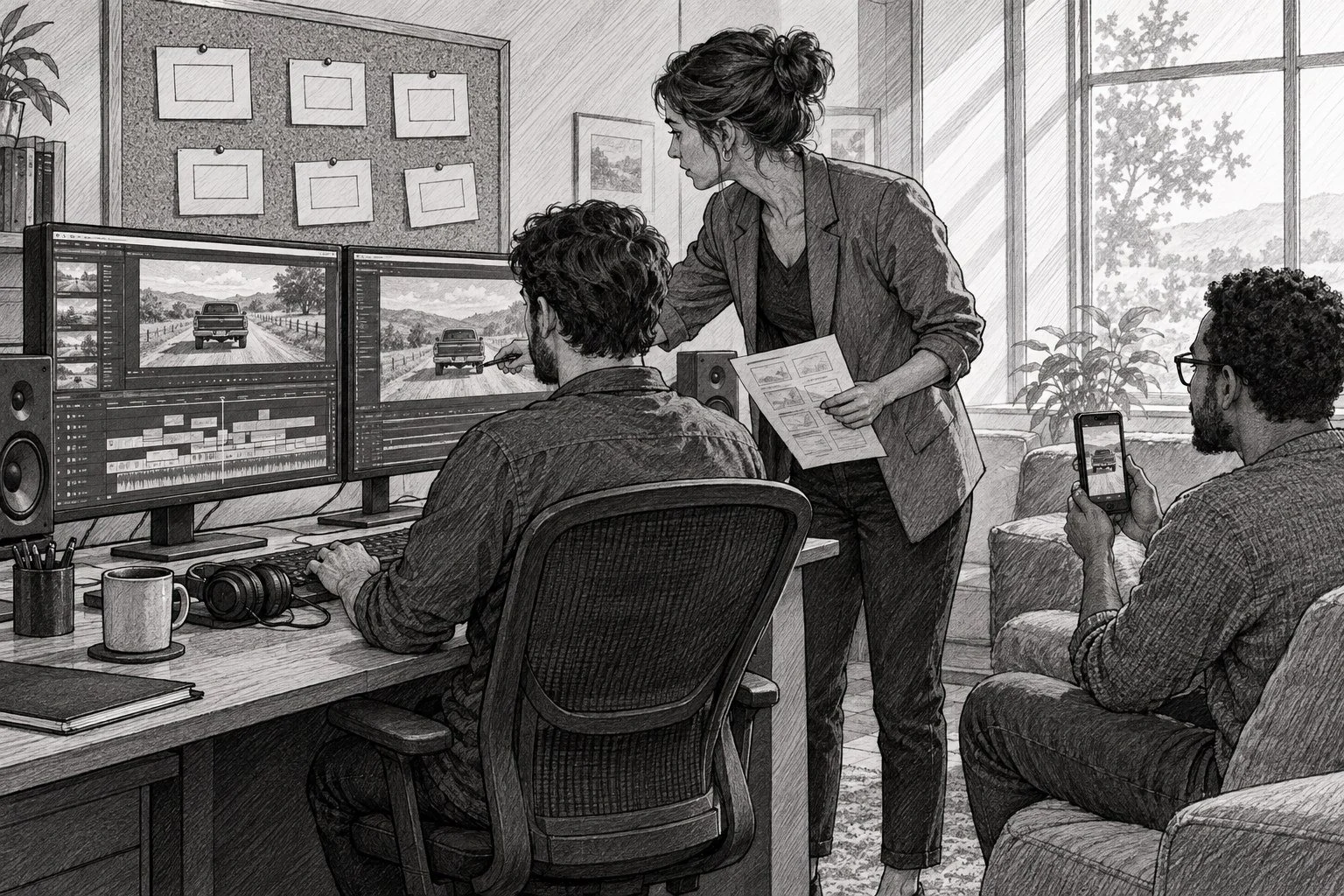 Black-and-white storyboard drawing of an edit review: a marketing director holding a storyboard sheet points at a monitor showing a pickup truck on a country road as the editor works the timeline and a colleague watches the cut on a phone