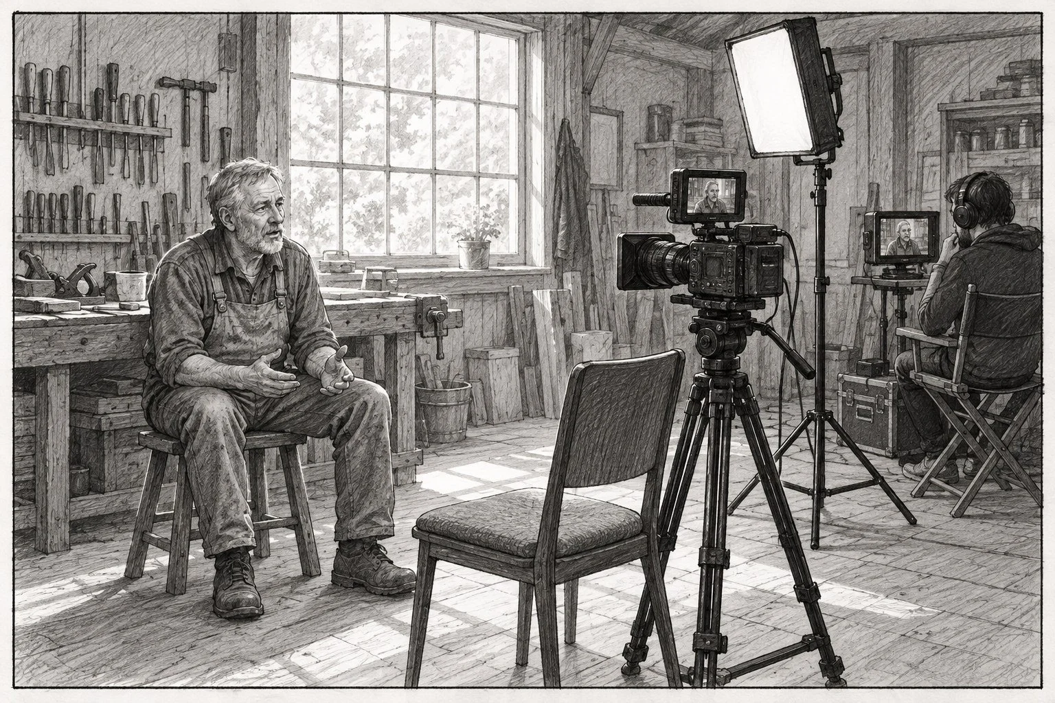 Black-and-white storyboard drawing of a documentary-style interview inside a rustic workshop: a weathered craftsman seated on a stool beside a workbench speaks toward an empty interviewer's chair next to a cinema camera on a tripod, with window light