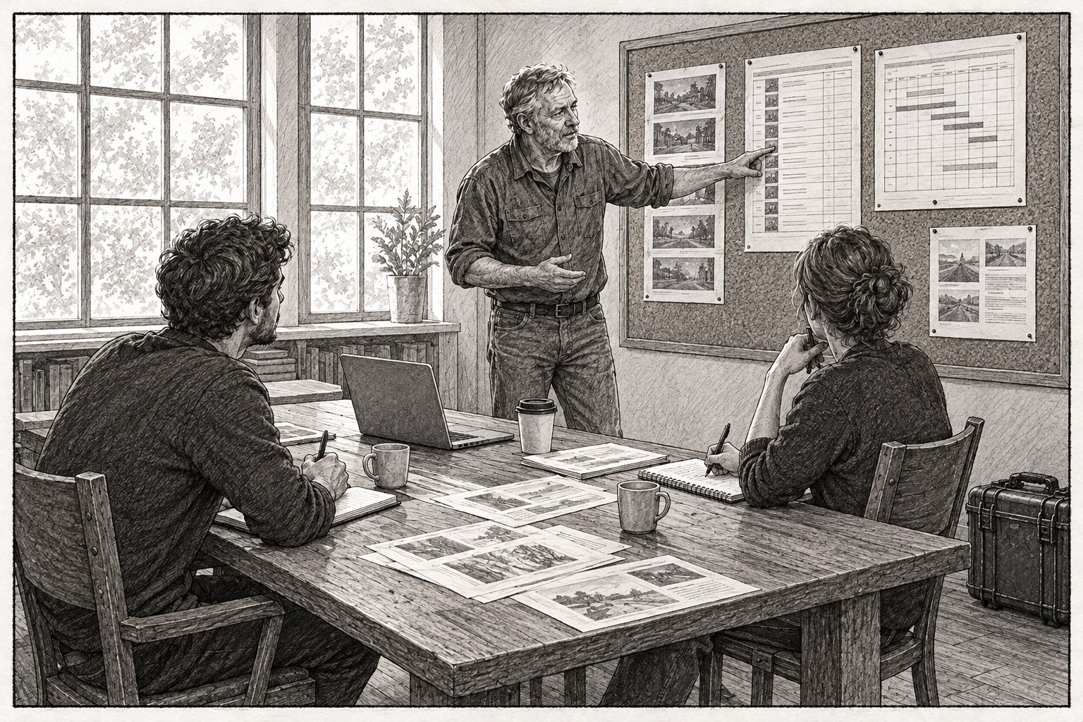 Black-and-white storyboard drawing of a pre-production meeting: a producer points to a shot list and schedule pinned to a corkboard while two people at a wooden table take notes, with a laptop, coffee cups, storyboard prints, and an equipment case