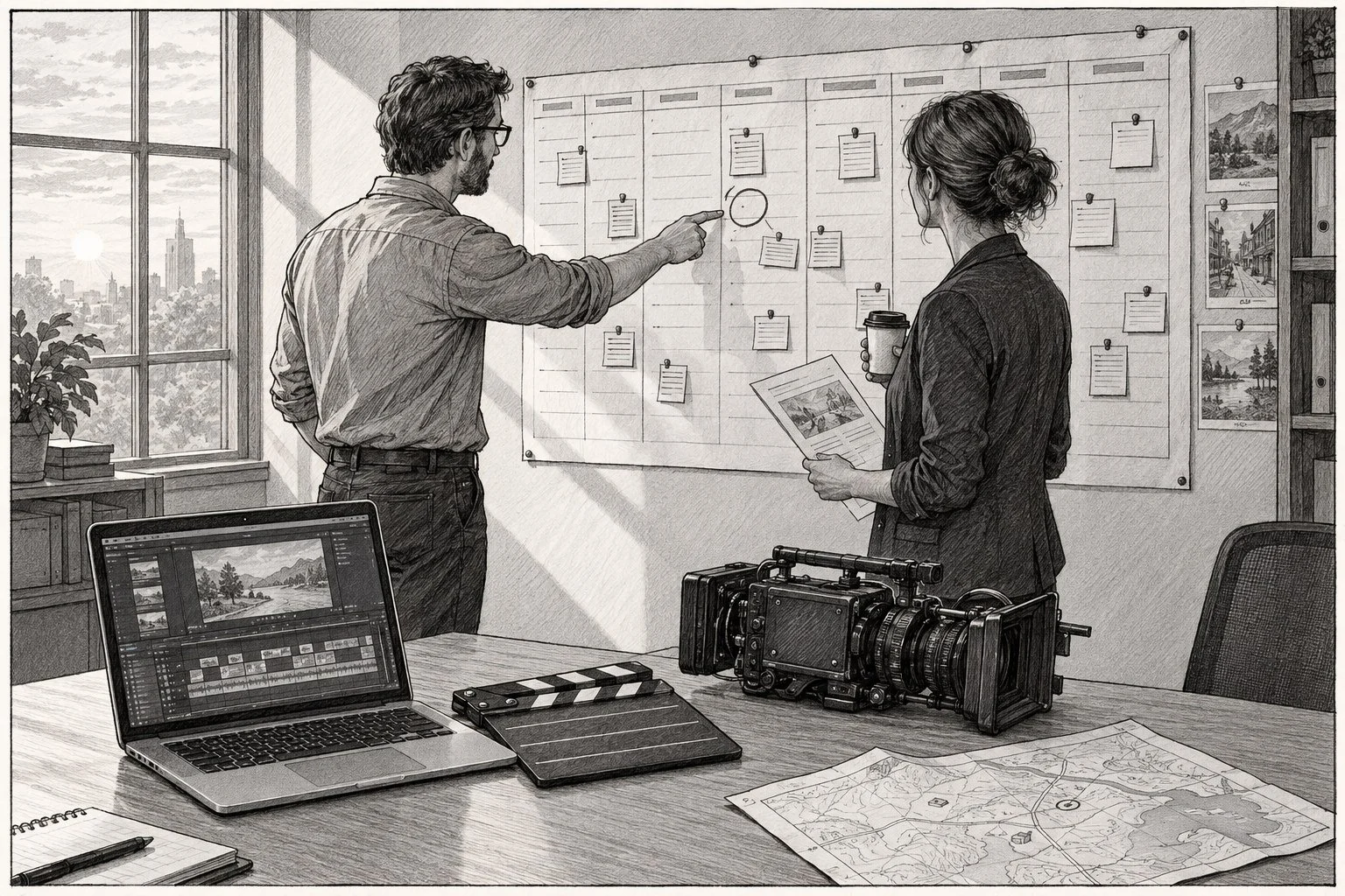 Black-and-white storyboard drawing of a producer pointing to a circled shoot day on a wall production calendar while a marketing director holds a brief, with a laptop edit timeline, slate, camera, and map on the table