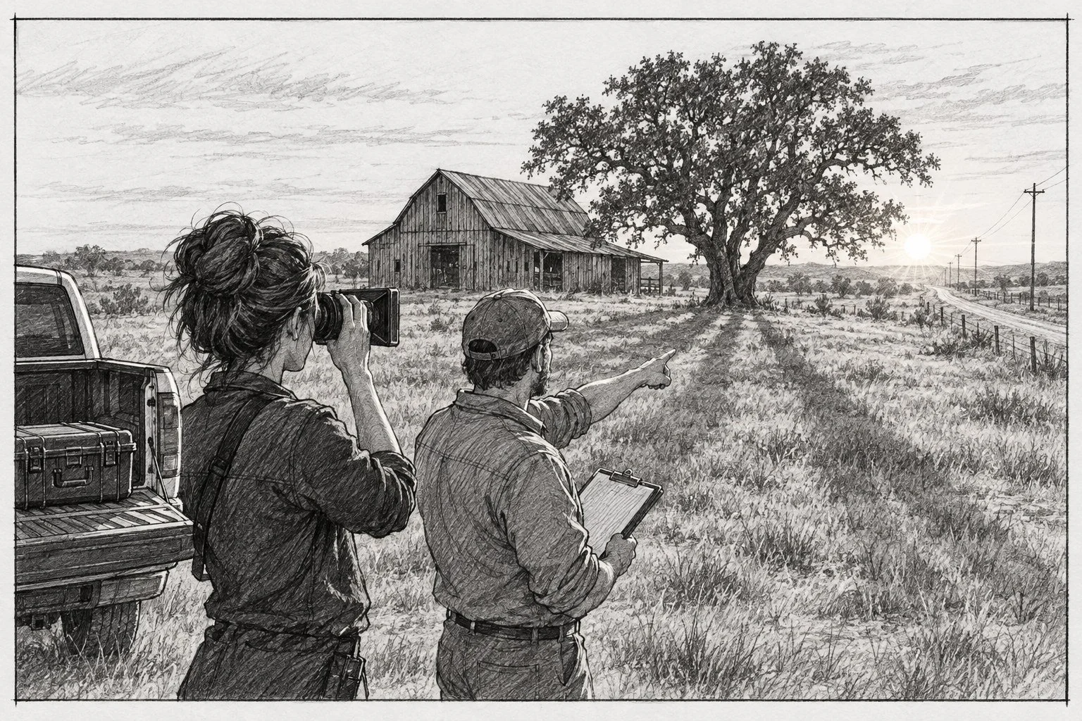Black-and-white storyboard drawing of a location scout: a cinematographer frames a weathered barn and oak through a viewfinder while a producer with a clipboard points toward the low sun, beside a pickup truck