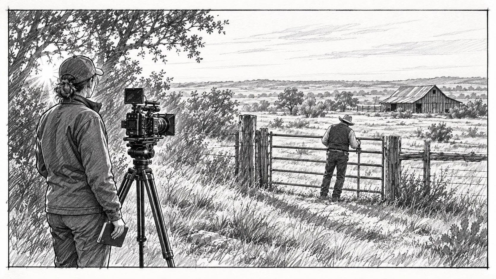Black-and-white storyboard drawing of a camera crew filming a ranch hand at a fence gate.