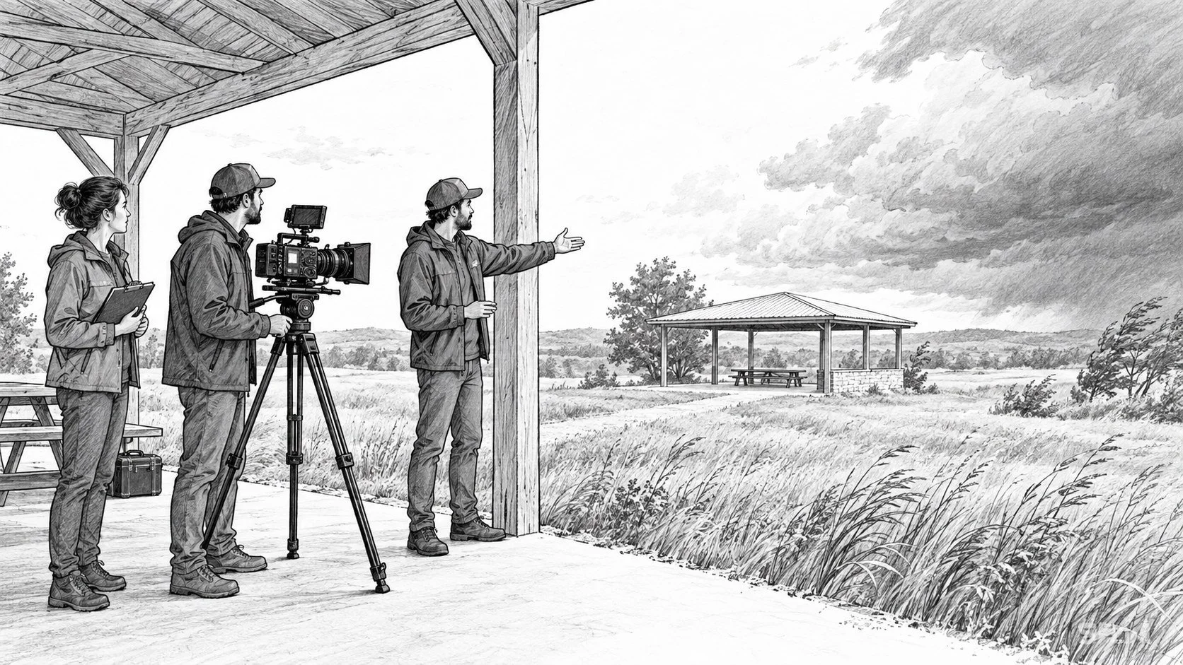Black-and-white storyboard drawing of three crew members and a tripod-mounted camera under an open-sided pavilion, looking toward a cloudy meadow.