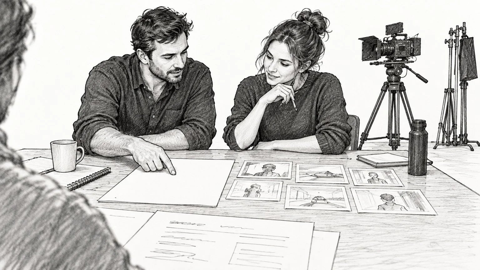 Black-and-white storyboard drawing: a marketing director and producer review papers and storyboard cards at a planning table, with a cinema camera on a tripod behind them.