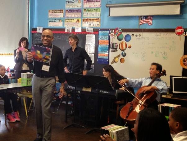 Aaron Dworkin, Damian Woetzel, Cristina Pato and Yo-Yo Ma perform at Spain Elementary-Middle School. Photo Credit: Afa Dworkin.