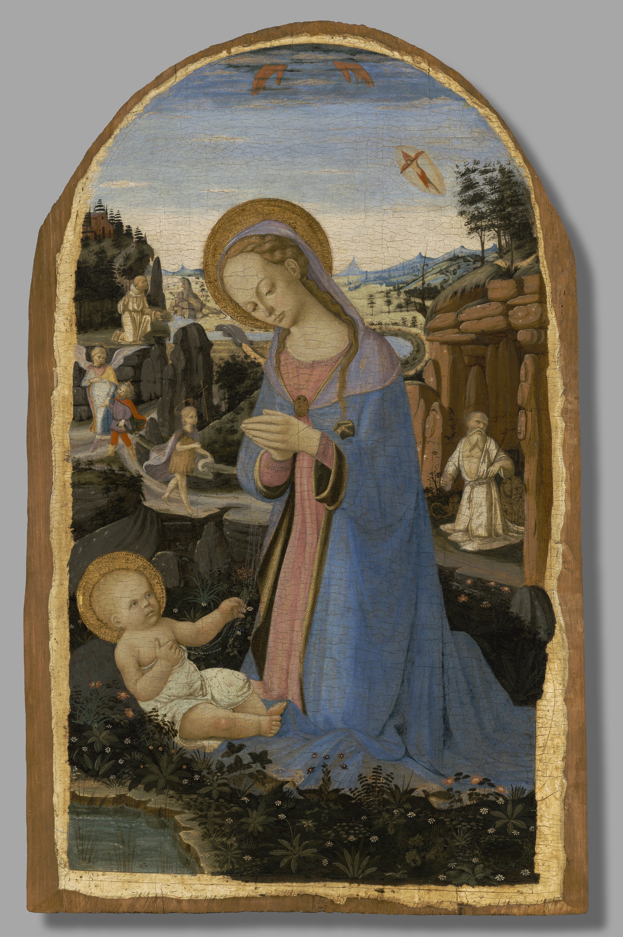The Adoration of the Christ Child with Saint Francis of Assisi Receiving the Stigmata; Tobias and the Angel; Saint John the Baptist in the Wilderness; and the Penitent Saint Jerome, Andrea del Verrocchio and Biagio d’Antonio , Italian, ca. 1465–70.