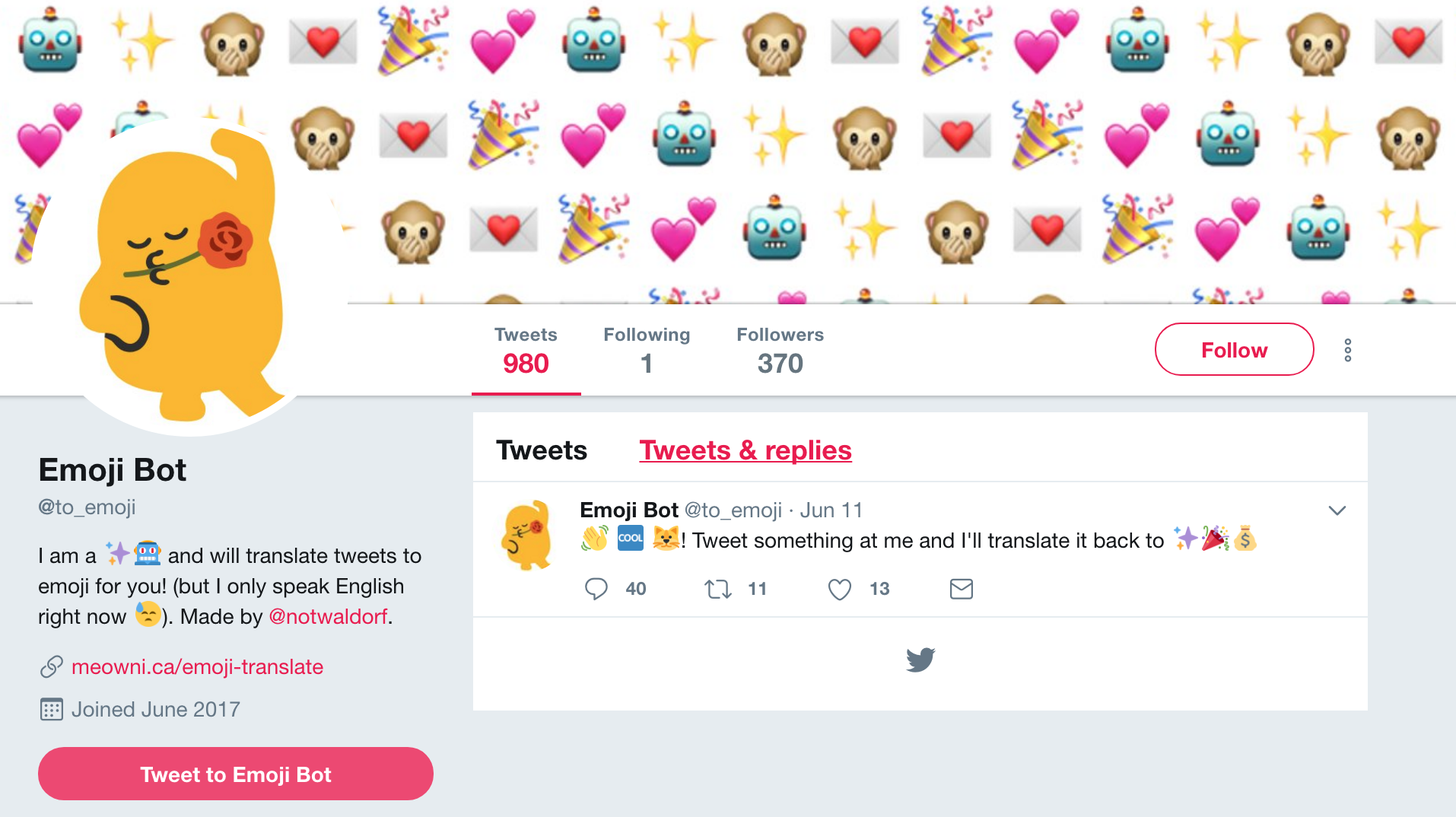 If you tweet at @to_emoji in English, the bot replies with your tweet translated into emoji.