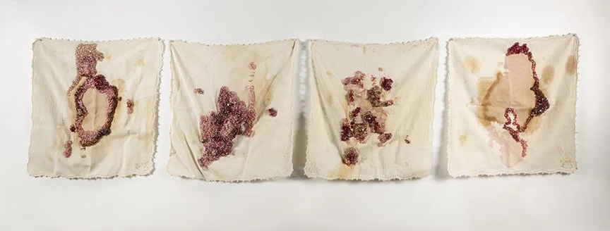 labor / labor, 2020-2024 organically stained found linen napkins, glass beads four 12×12” panels