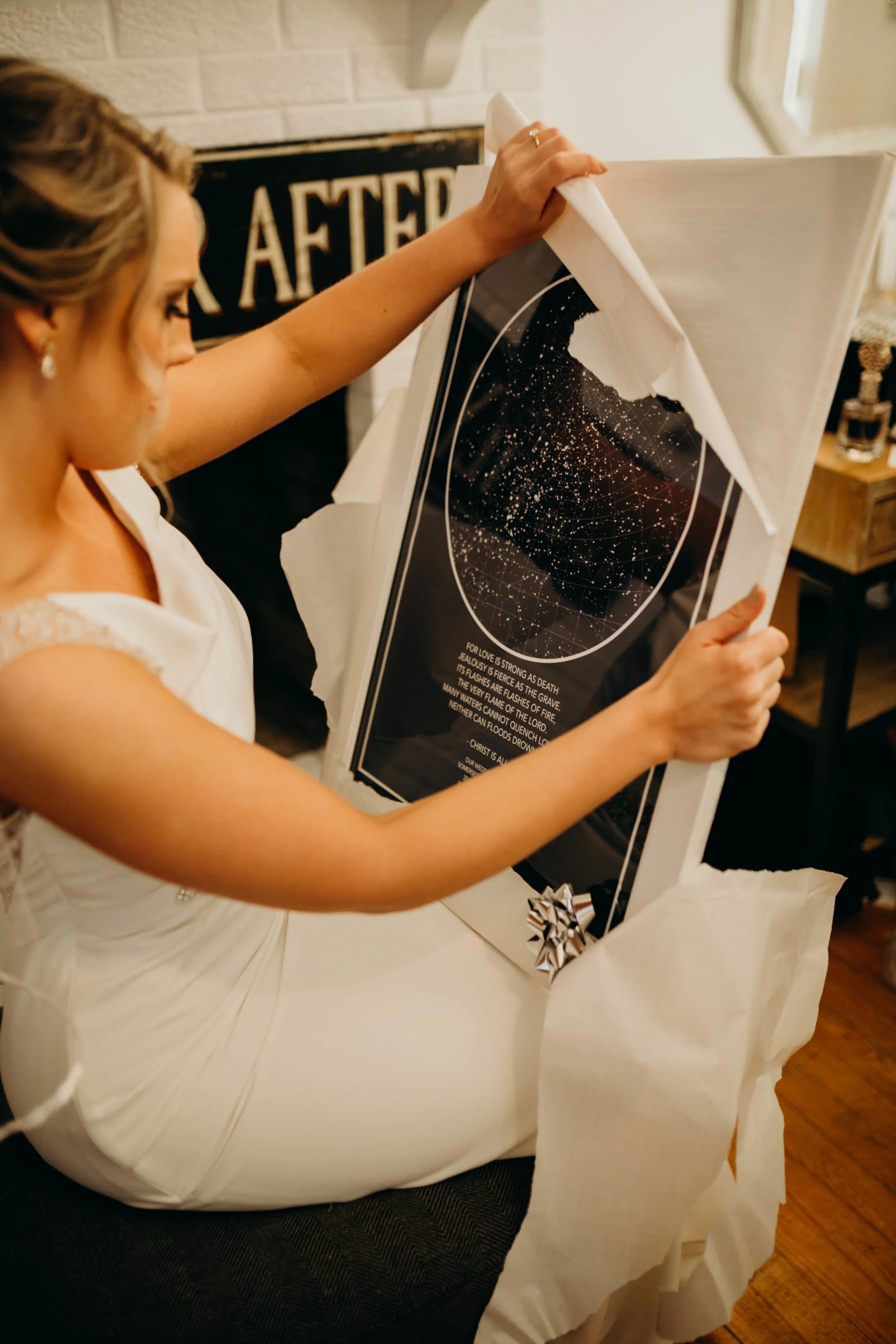This was Brendan's gift to Bekah, a print with the coordinates of where they got married, the stars on that night, and a sweet message. UGH!! these two kill me! 