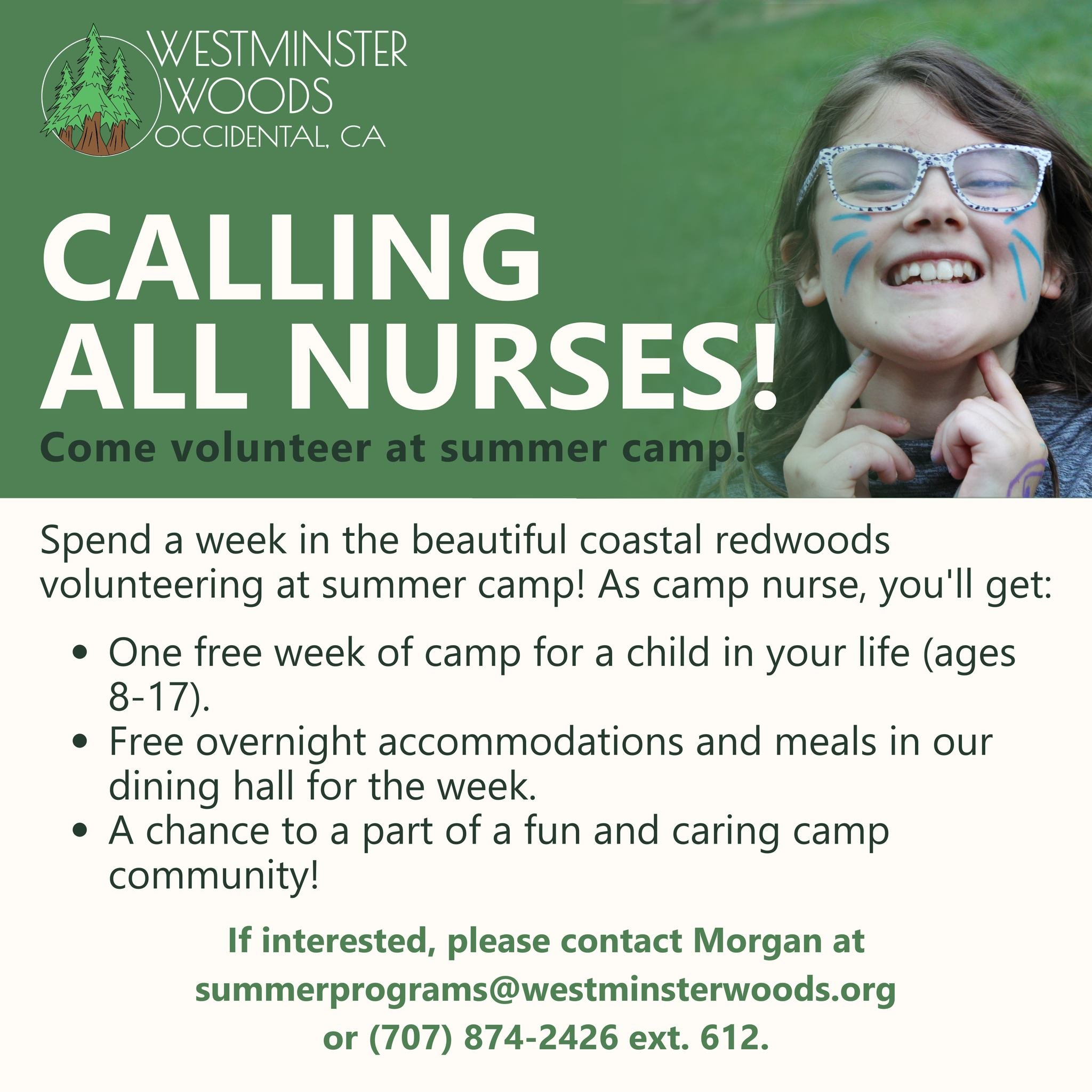We&rsquo;re looking for nurses to volunteer at summer camp this year!! We need nurse volunteers for the following sessions:

Session 1: Camp Heartwood (June 16th-21st).
Session 2: Camp Heartwood (June 23rd-28th).
Session 3: Camp Heartwood (June 30th-