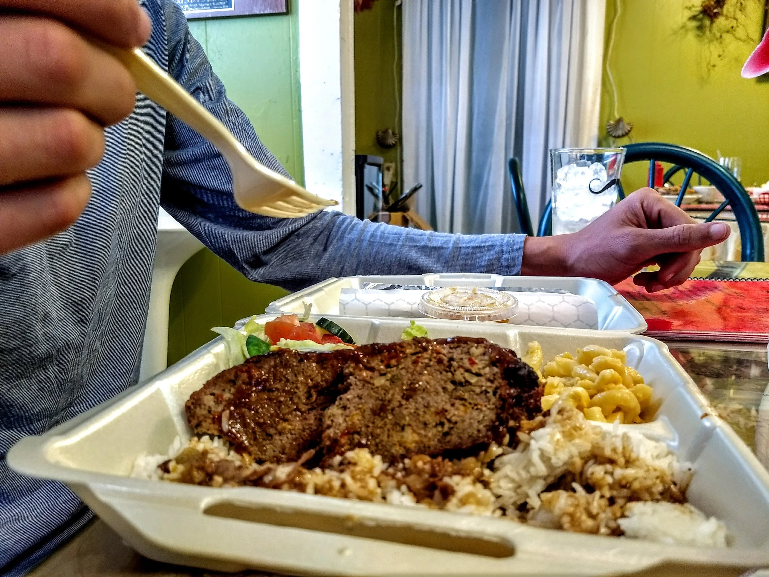 Smoked meatloaf, gravy smothered rice and creamy mac n' cheese,