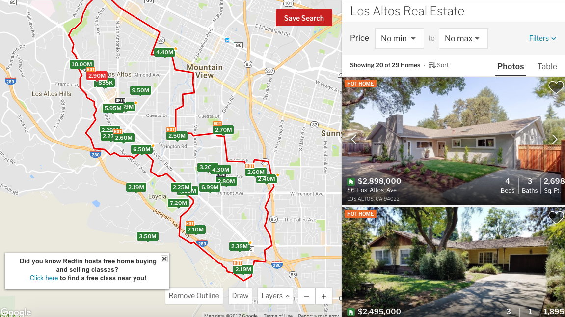 A screen cap of Redfin showing housing prices in Los Altos, CA, where I worked as a reporter.