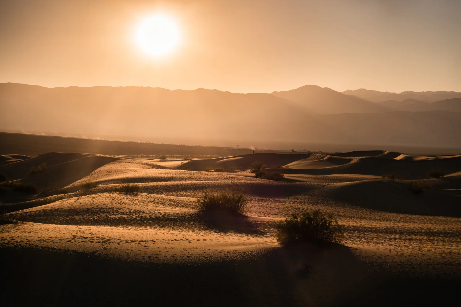 landscape photograph of the sun setting over the mesquite flat sand dunes in death Valley