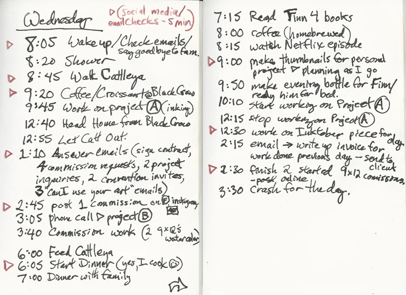 Note: Time such as writing blog's like this, scanning, packaging and mailing artwork to commissioners, purchasing supplies, registering/applying for conventions, etc is not listed at all but are all tasks I tend to manage semi-daily.