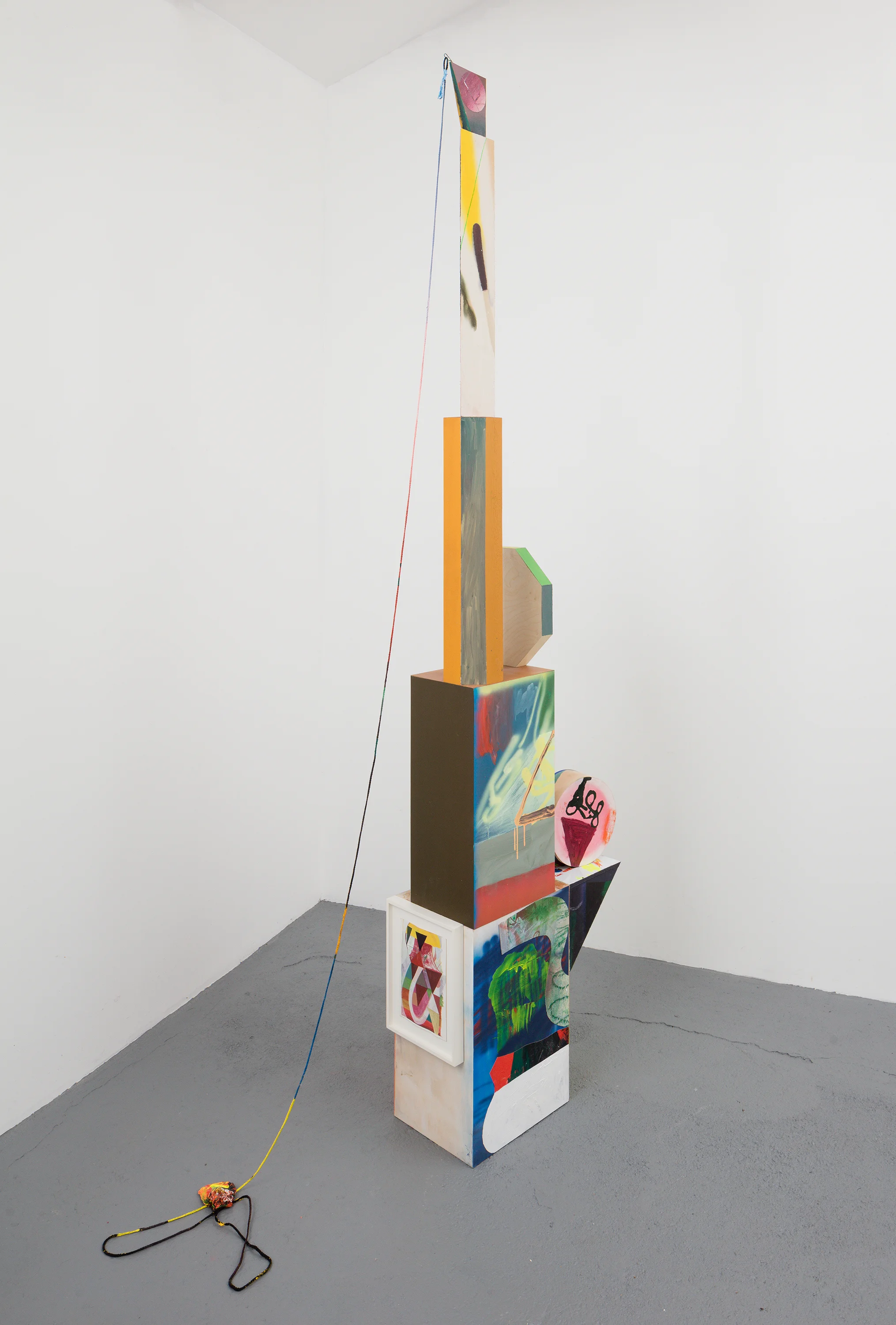   Stack  acrylic on canvas, muslin, jute, wood and string, framed gouaches 110 inches x variable 2016 