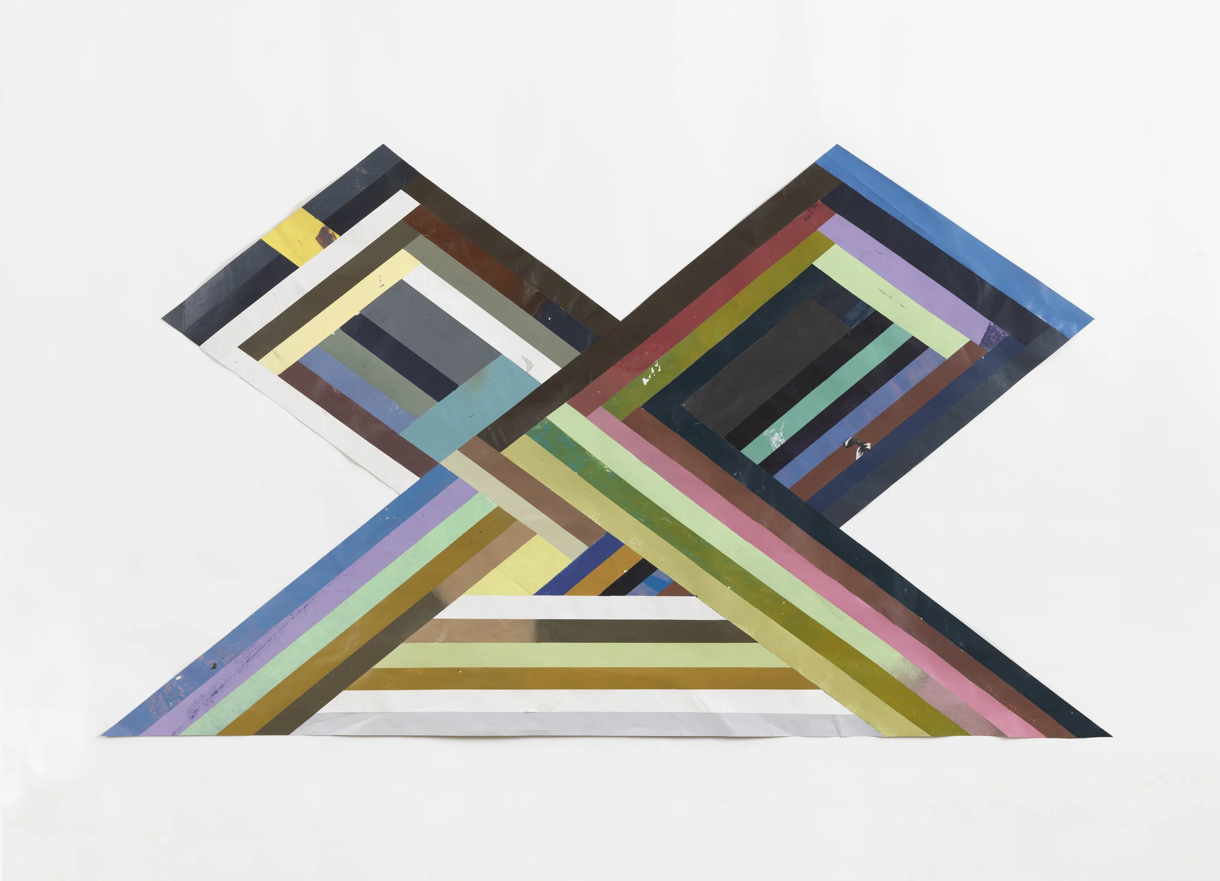   Double Twist  latex, acrylic and spray paint on cut paper &amp; linen tape 43.5 x 73.5 inches  2012 