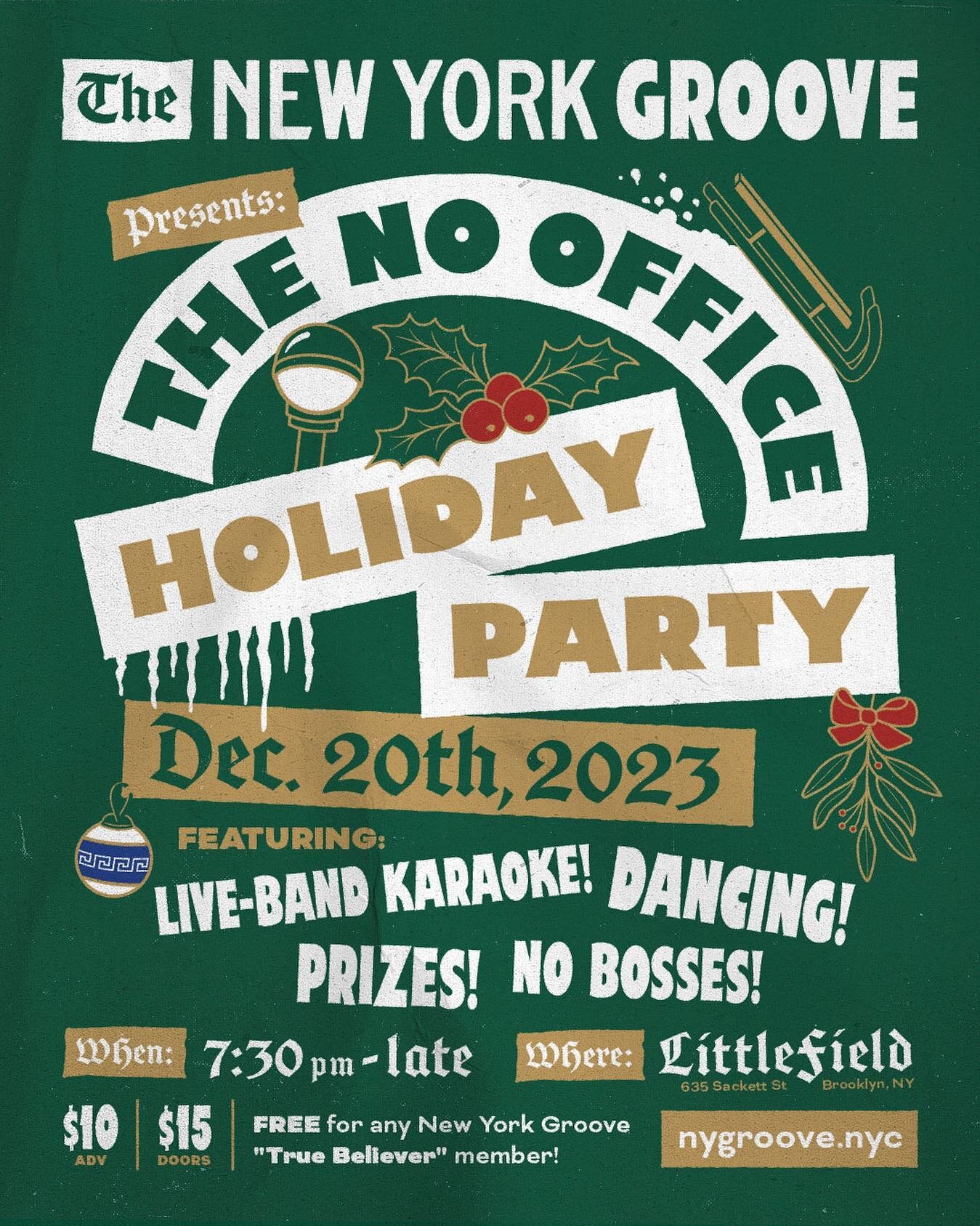 The @nygroove.nyc is throwing their first event ever! The No Office Holiday Party is happening on 12/20 @littlefieldnyc. Come celebrate NYC&rsquo;s Freelance + Work-From-Home New Yorkers. All are welcome. See u there. 🎟️ Tickets via @nygroove.nyc / 