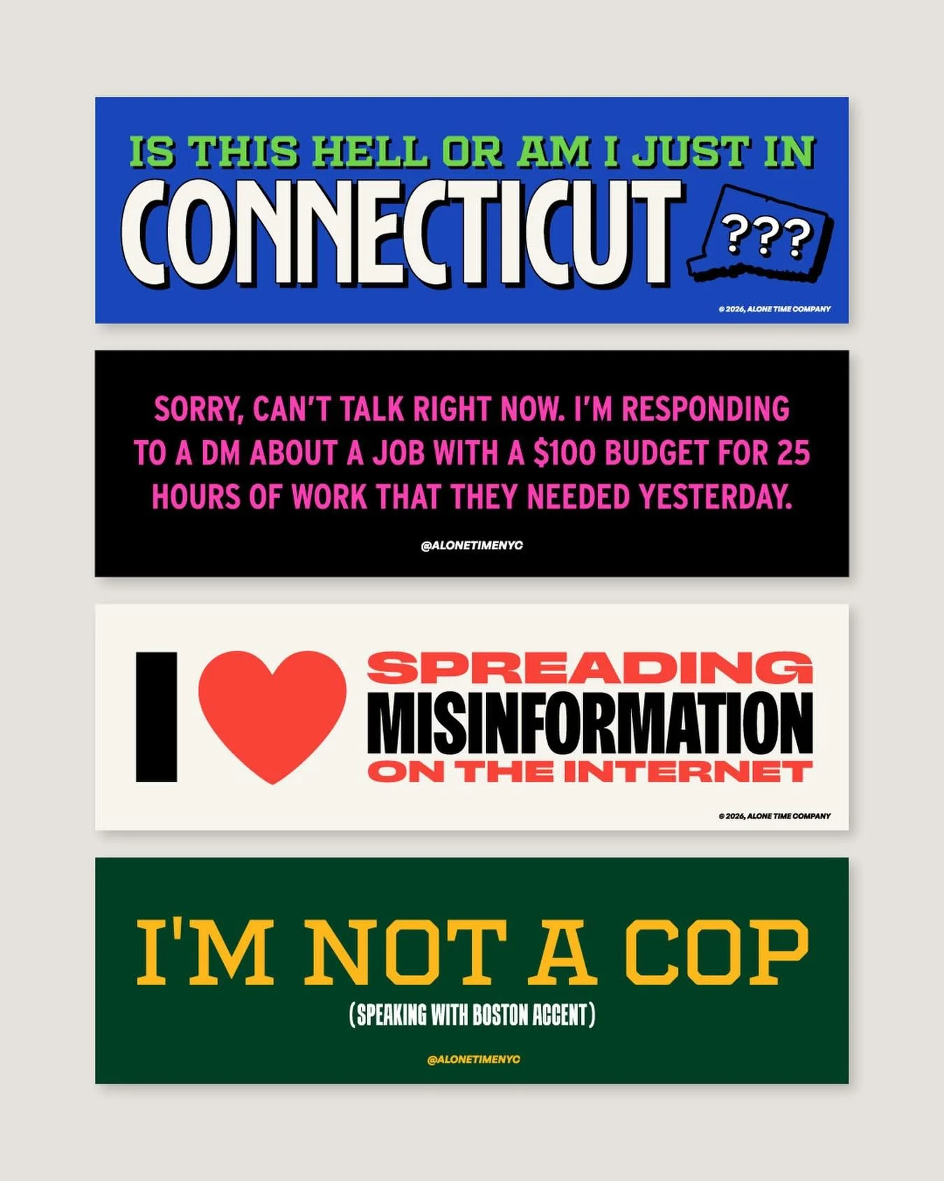 I&rsquo;ve distilled a dozen terrible bumper sticker ideas down to my 4 favorite. Open to feedback! TY and have a cool weekend 👋