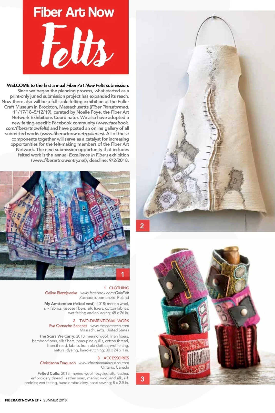 FIBER ART NOW MAGAZINE, SUMMER 2018 - Selected works for FIBER TRANSFORMED EXHIBITION