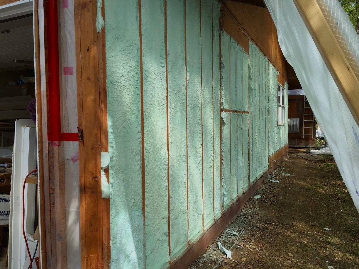   Exterior wall of home with urethane spray foam insulation.     