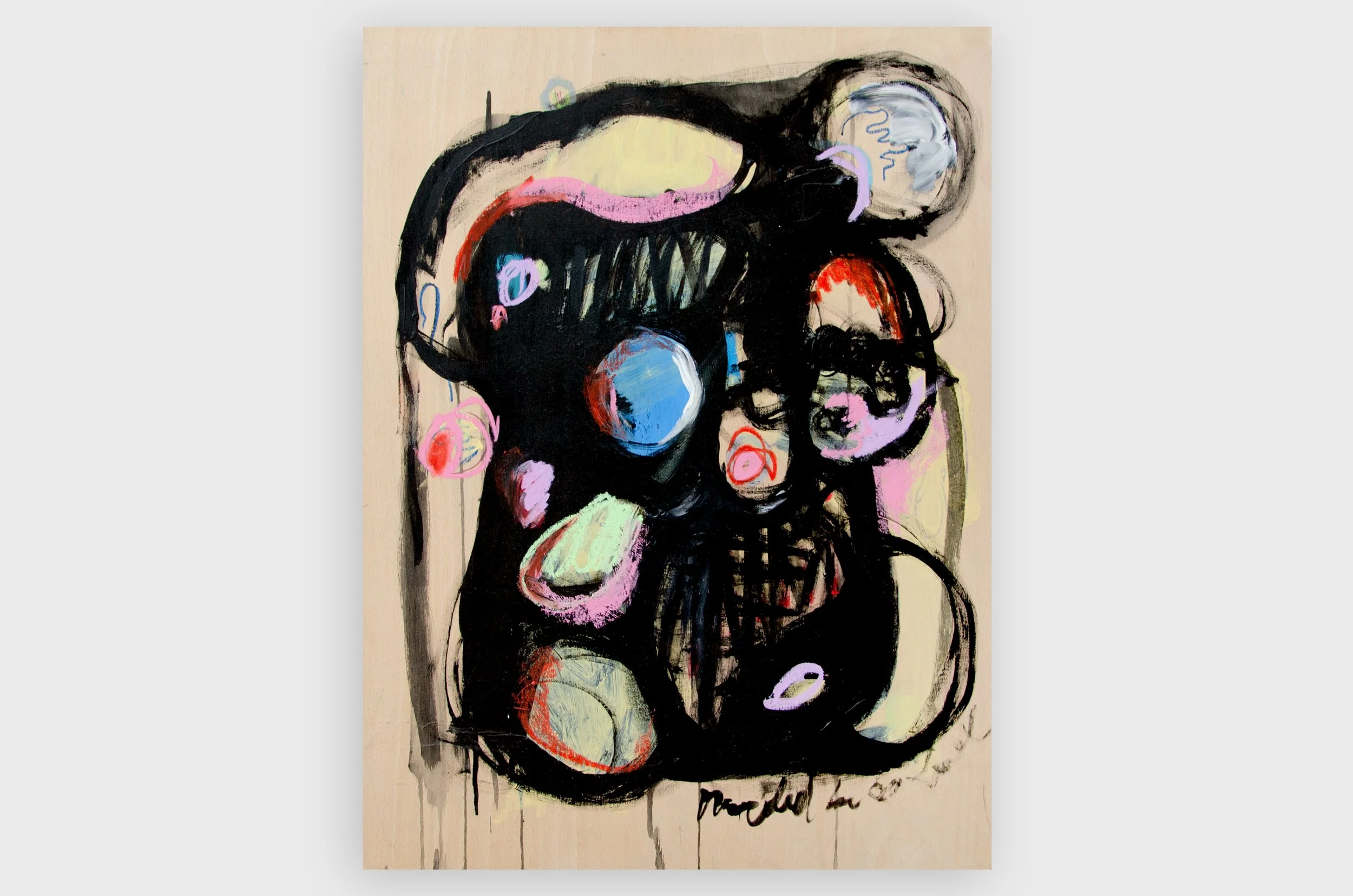 Painting no. 9, 2025. Ink and oil pastel on panel, 48.5 x 63.5 cm. Details available upon request.