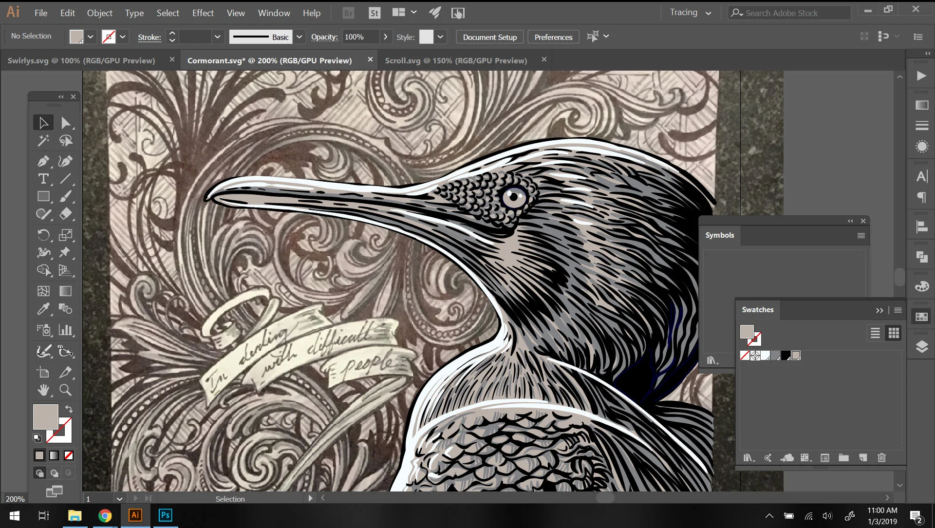 Screenshot in Adobe Illustrator of me vectorizing the Cormurant artwork