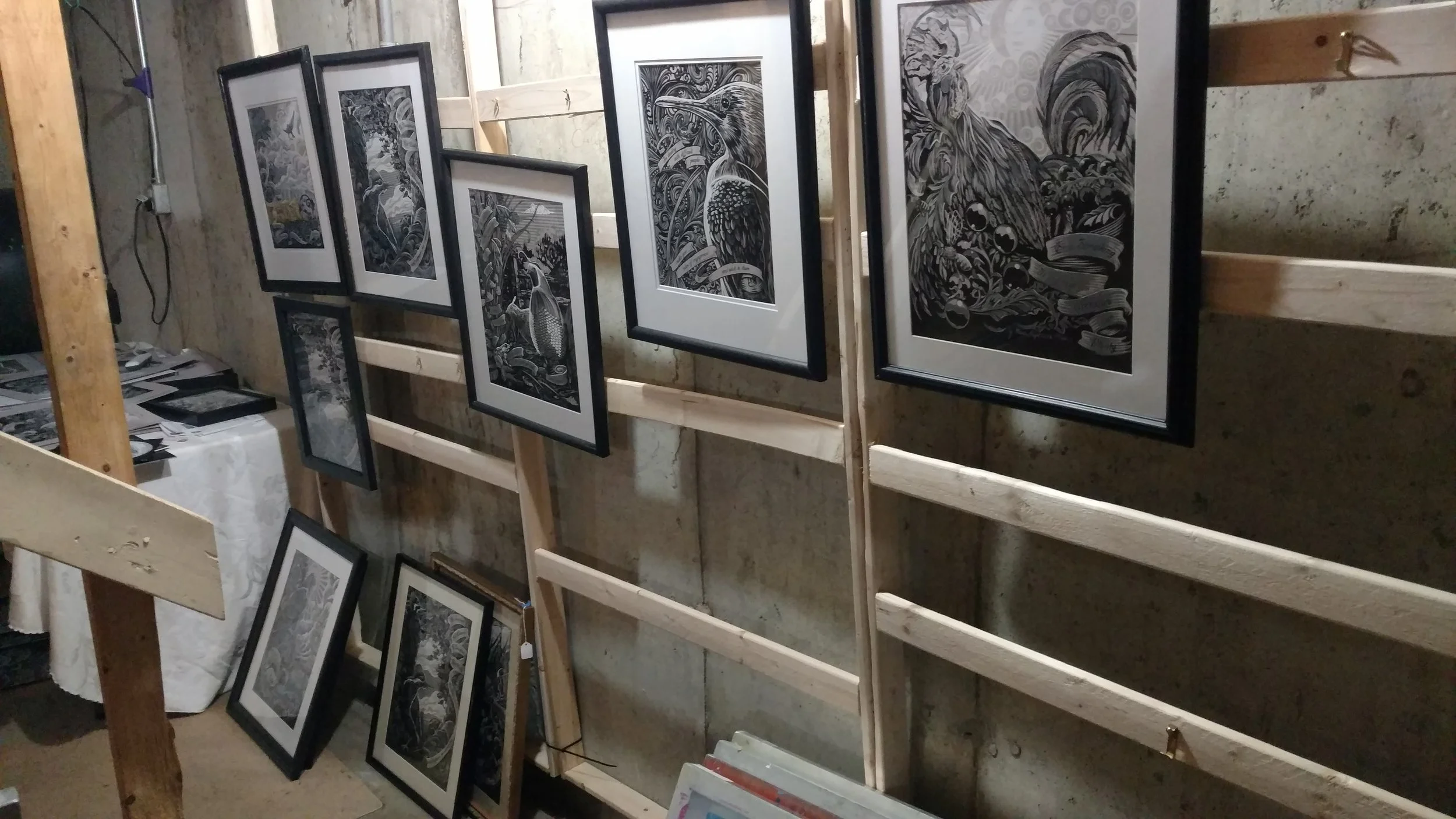 framed artworks ready to go, but sadly trapped in my basement, longing wistfully for gallery space.