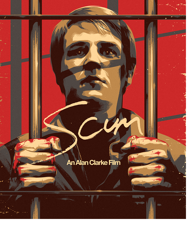  Cover design and illustration for the 2025 88 Films 4K UHD release of the classic British film Scum (1979). 