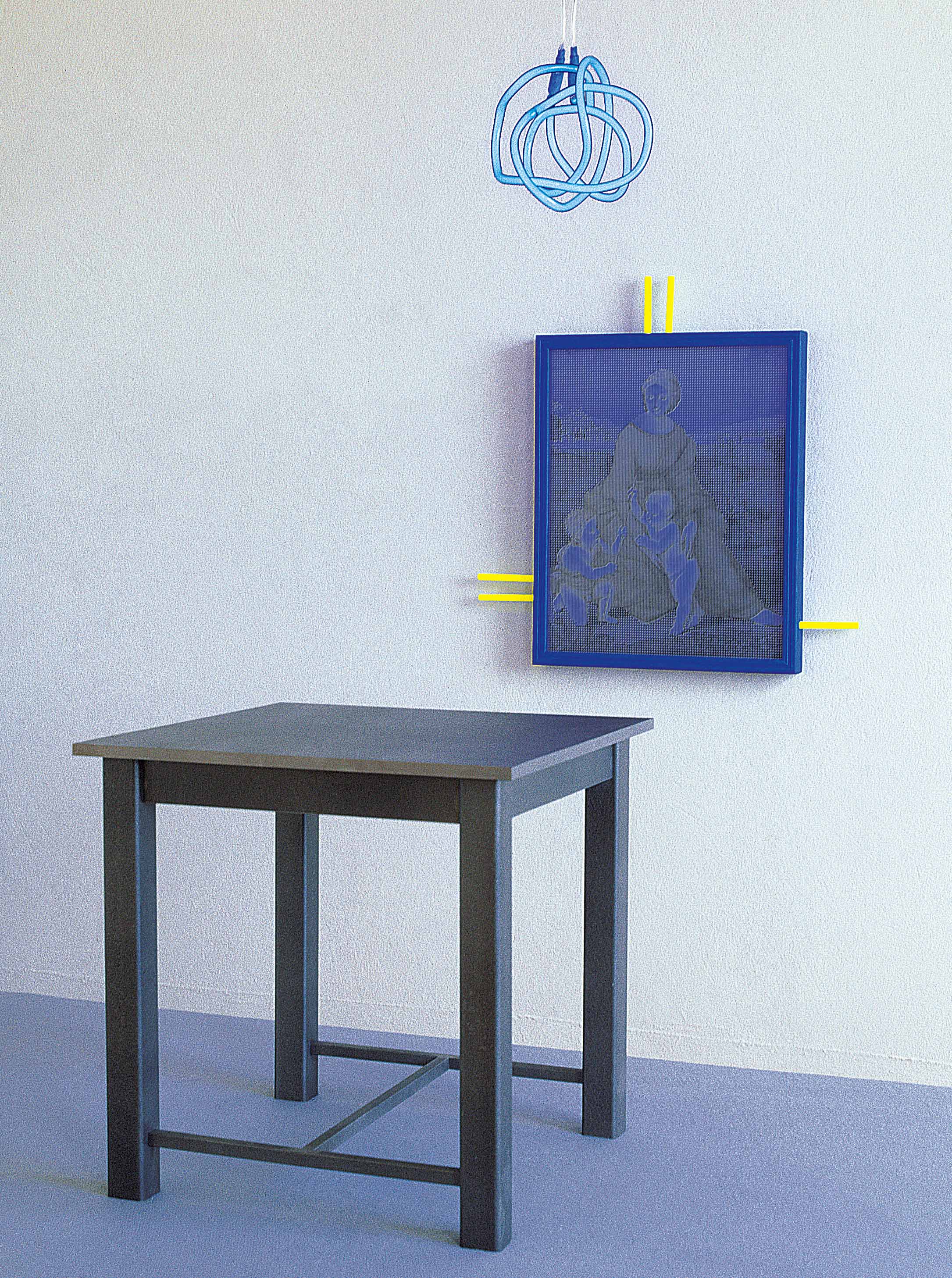 železen stol (45 x 45 x 45 cm), sitotisk na les, neonska cev, 1997