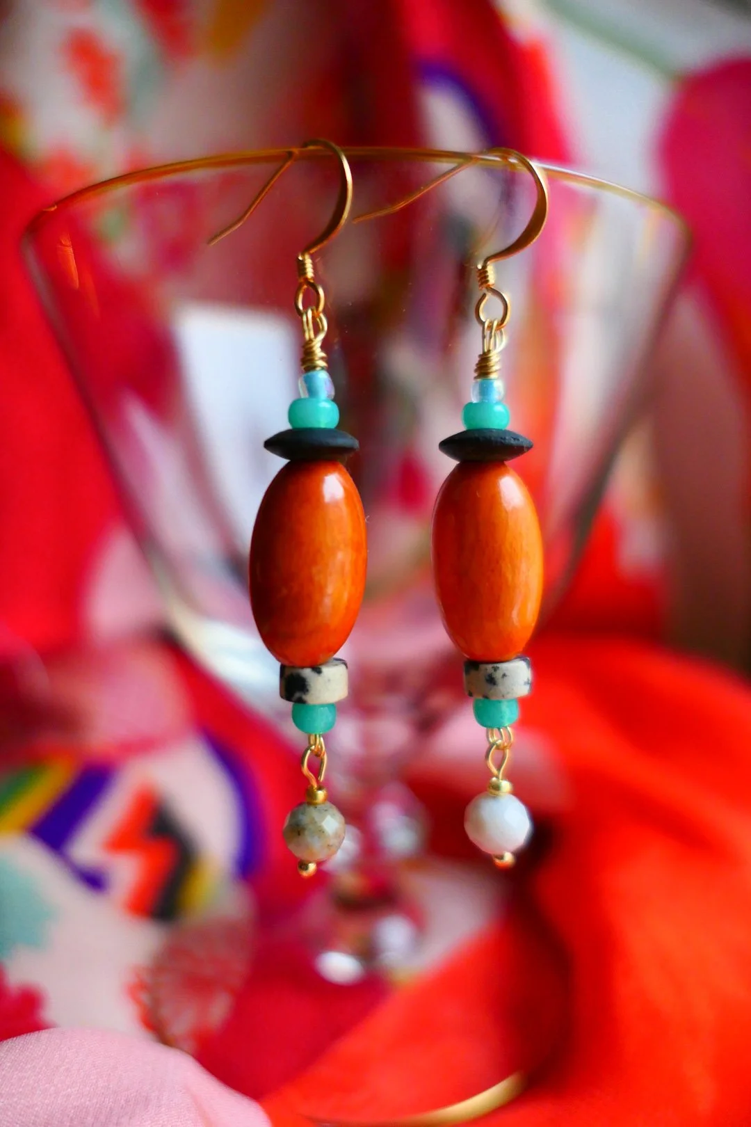 Dotted Zebra Wood and Gemstone Bead Earrings