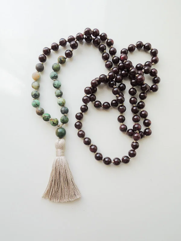 African Turquoise and Rubellite (Red Tourmaline) Mala Beads | 108 Beads