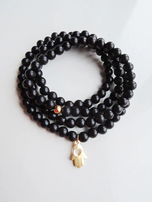 Ebony wood Wrap Bracelet with Hamsa Hand