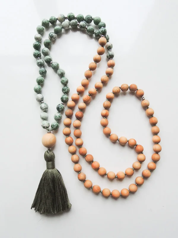 Moss Agate and Sandal Wood Mala Beads | 108 Beads