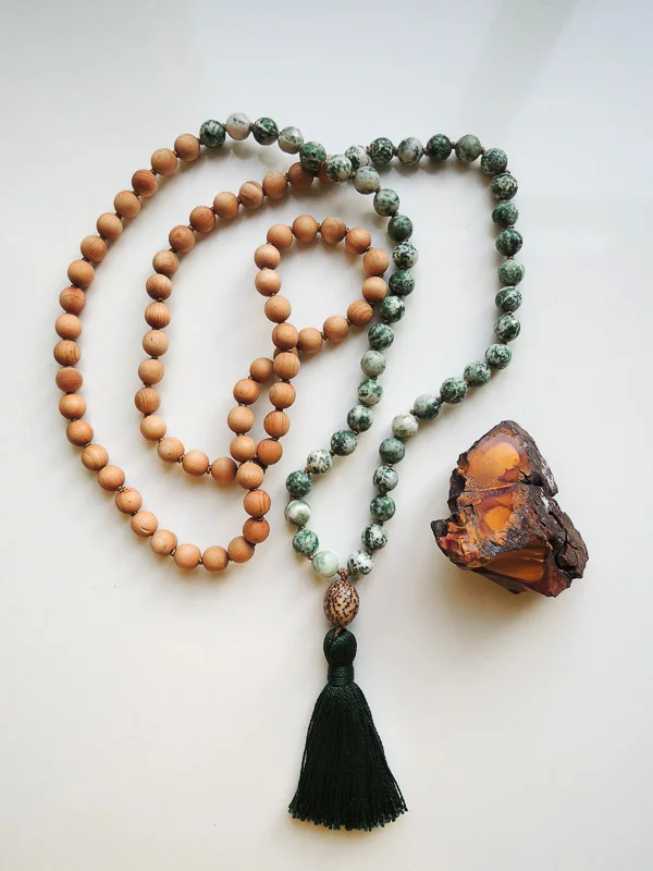Moss Agate and Sandal Wood Mala Beads (Bodhi wood Guru Bead) | 108 Beads