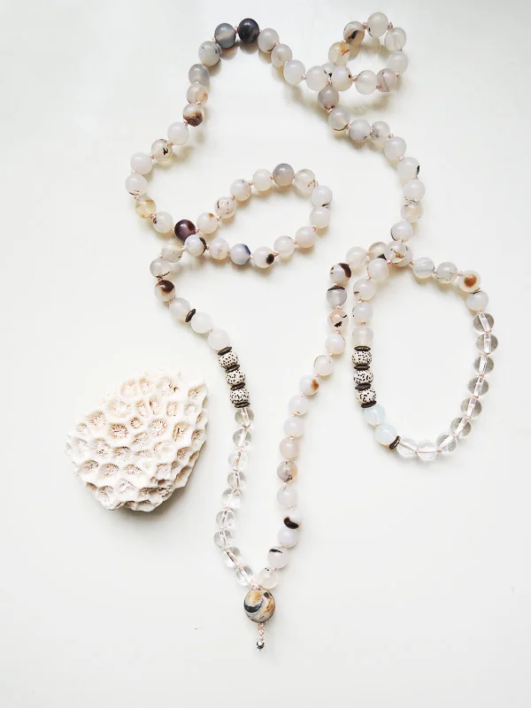 Agate, Quartz Crystal and Lotus Seeds Mala | 108 Beads