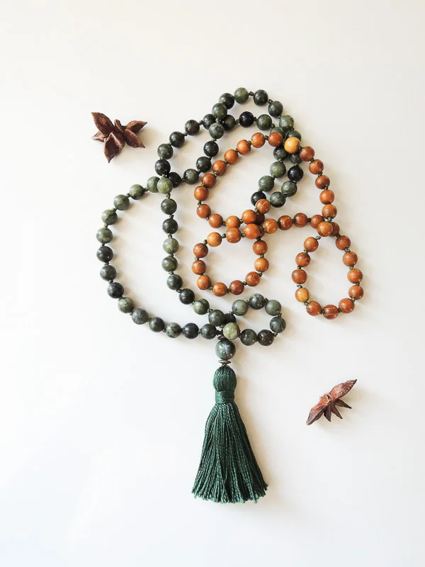 Moss Agate and Nanga Wood Mala Beads | 108 Beads