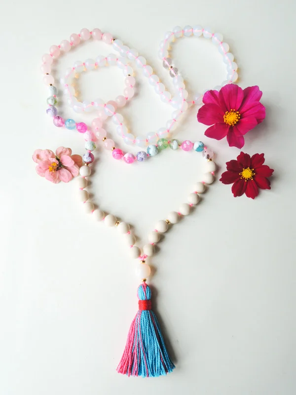 Agate, Opalite and Rose Quartz Mala Bead Necklace