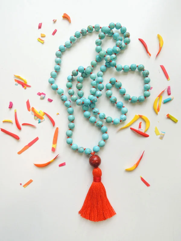 Turquoise Mala with Hot Orange Tassel | 108 Beads