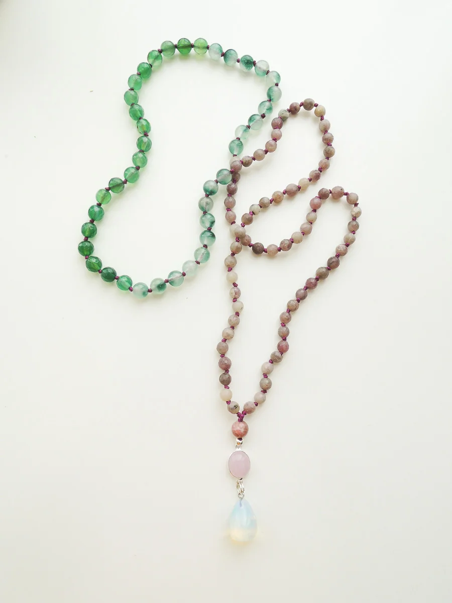 Flower Jade and Amethyst Mala Beads with Rose Quartz and Opalite Charms, malanauha