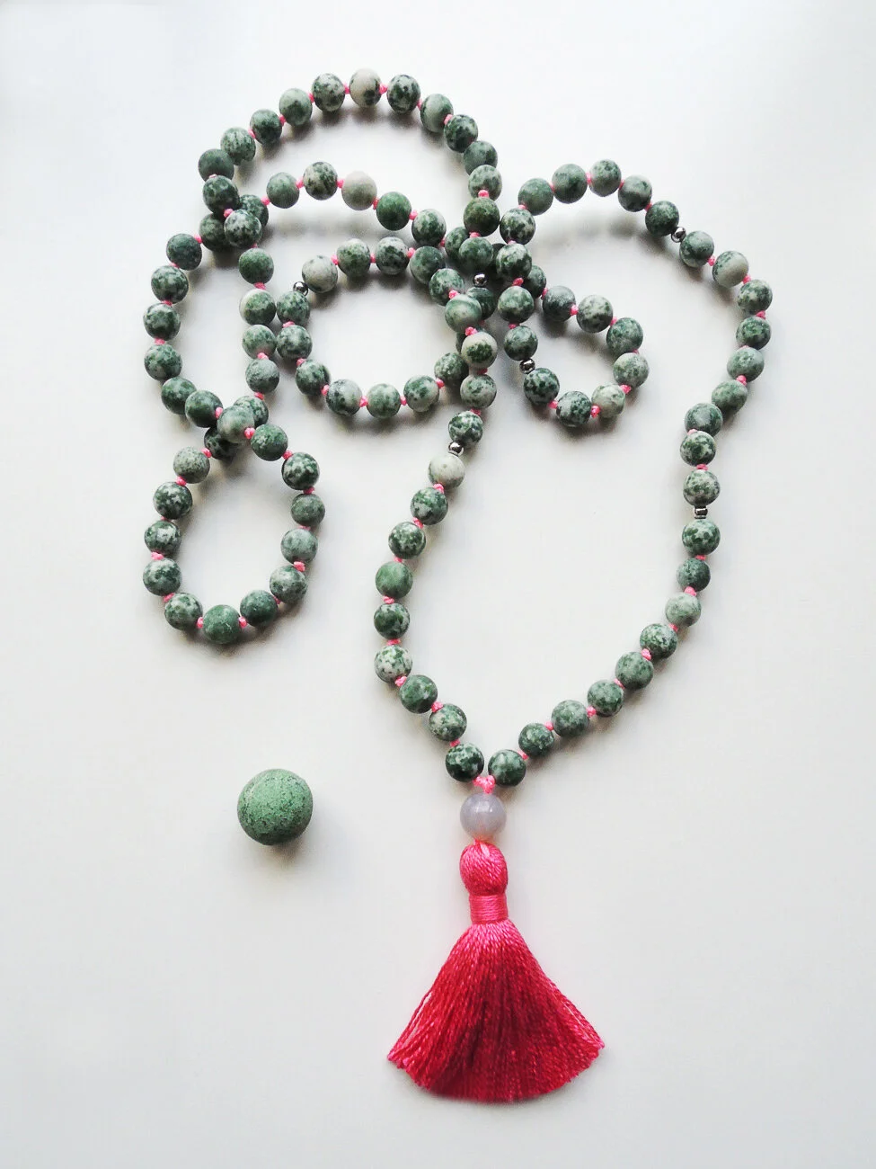 Frosted Moss Agate with Pink Tassel | 108 Beads