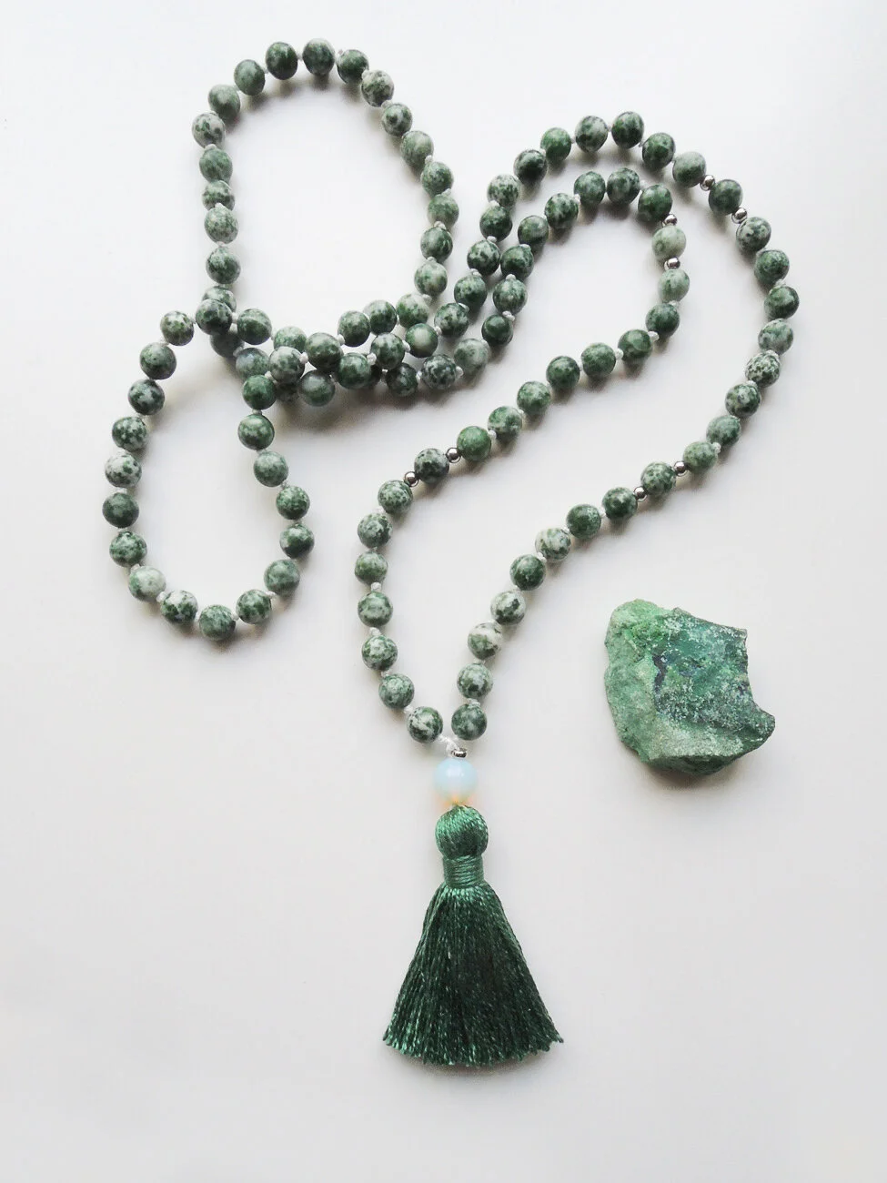 Frosted Moss Agate with Forrest Green Tassel | 108 Beads