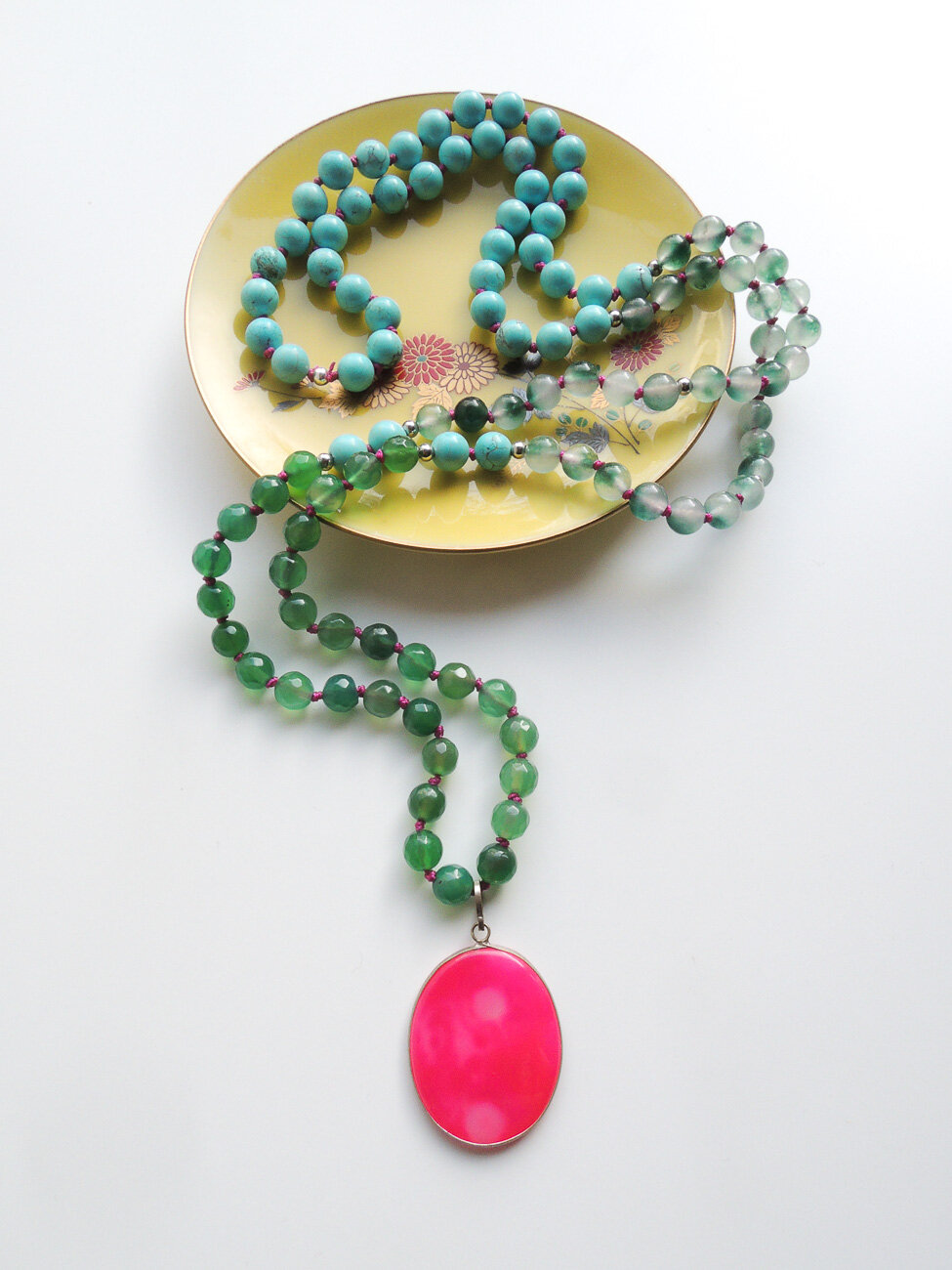 Green and pink gemstone mala bead necklace