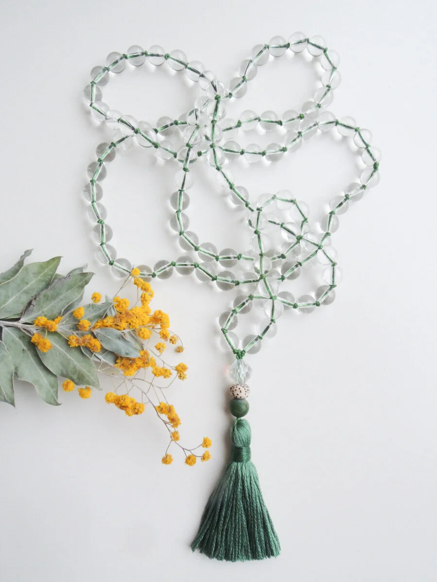 Quartz Crystal with Green Tassel Mala | 108 Beads